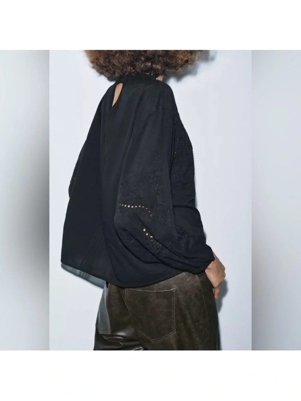 Zara Black Lace-Trim Long-Sleeve Blouse Top Sz:M Black